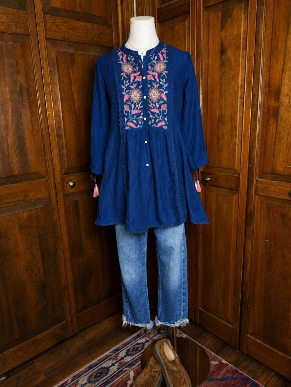 Boho Embroidered Navy Tunic Top
